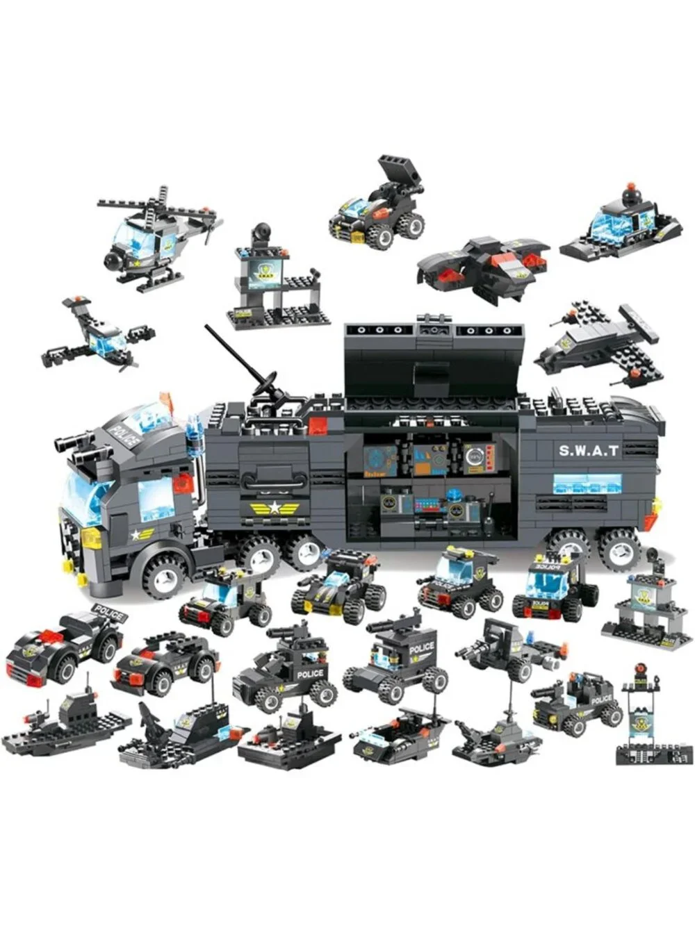 8-in-1 Police Station Building Kit with SWAT Truck, Helicopter & Patrol Boat